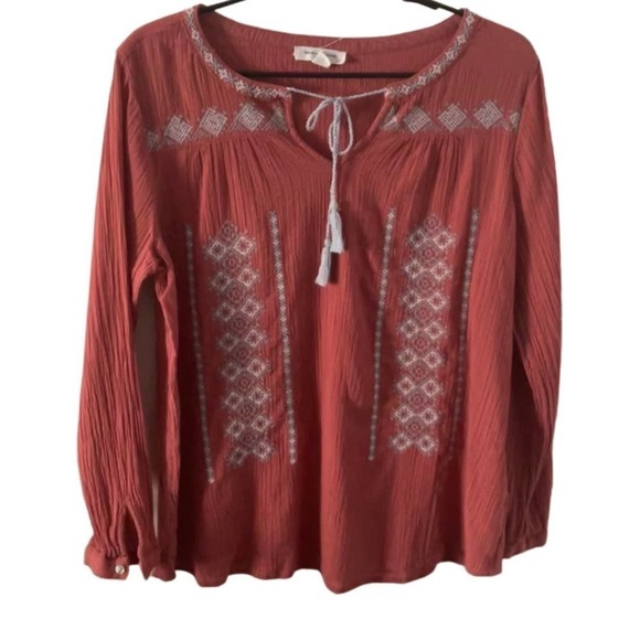 BeachLunchLounge Boho Embroidered Tassel Front Blouse Size Small - Picture 3 of 11